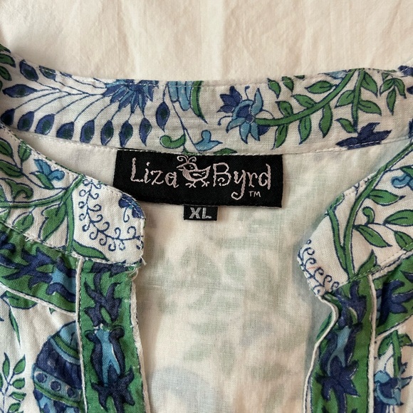 LIZA BYRD The Brie Cotton Block Print Dress Green Blue Floral Bird Print XL - Picture 8 of 13